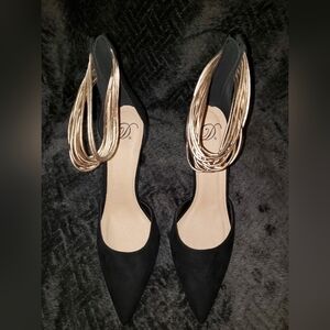 Awesome Heart D Black Heels Stilettos Gold Ankle Straps Pointed-Toe Sz 10M